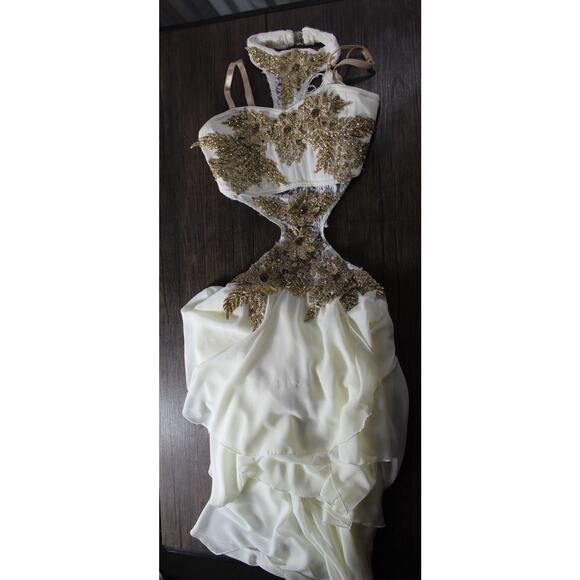 Custom Girls 14 Ice Skating costume gold glitter floral halter dance competition - Picture 2 of 16